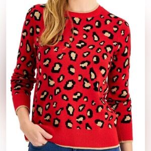 Charter Club Womens Animal Print Sweater Sweater Size MP Crew Neck Red Leopard